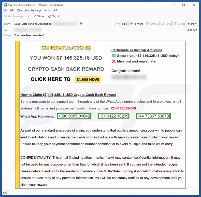 Crypto Cash Back Reward email Spam Kampagne