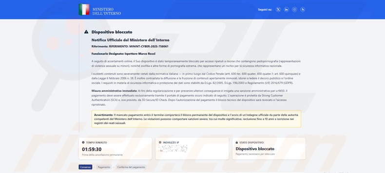 Erscheinungsbild des Betrugs Gerät aufgrund des Zugriffs auf illegale Inhalte gesperrt (italienische Variante)