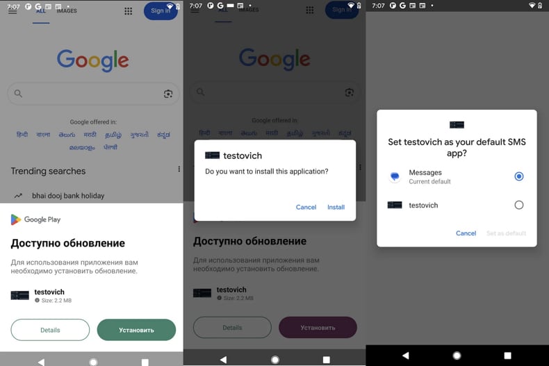 Fantasy Hub RAT gefälschtes Google Play-Update-Fenster und Aufforderung, die Malware als Standard-SMS-App festzulegen