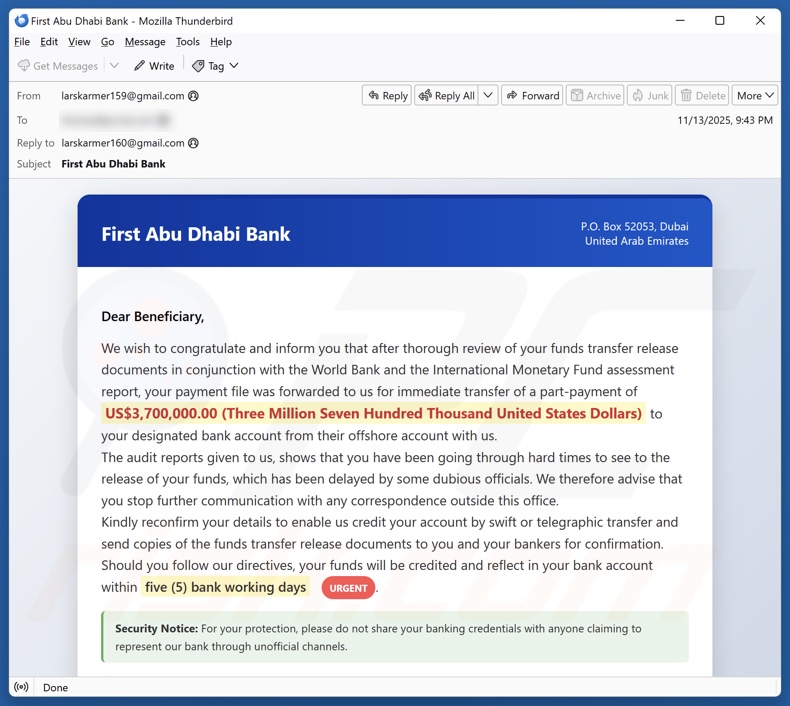 First Abu Dhabi Bank - Funds Transfer Documents E-Mail Spam Kampagne