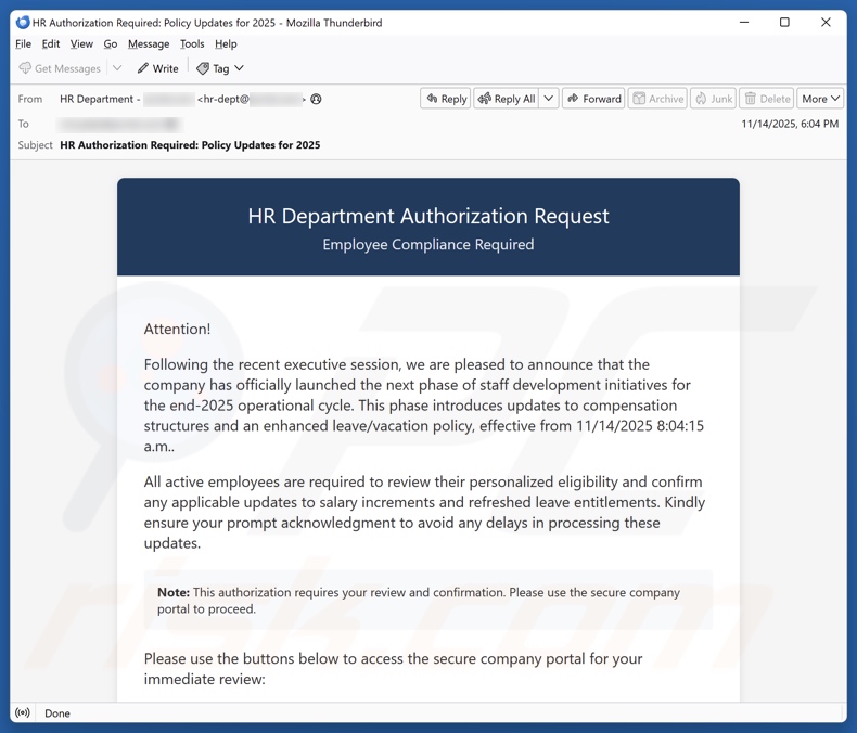 HR Department Authorization Request email spam Kampagne