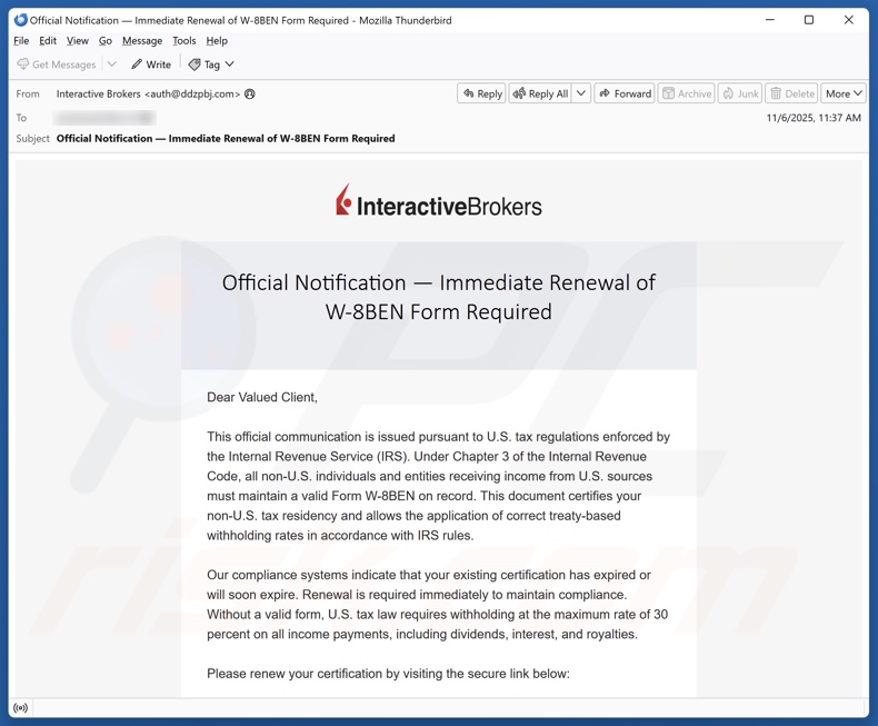 Interactive Brokers - Renewal of W-8BEN Form Required email spam Kampagne