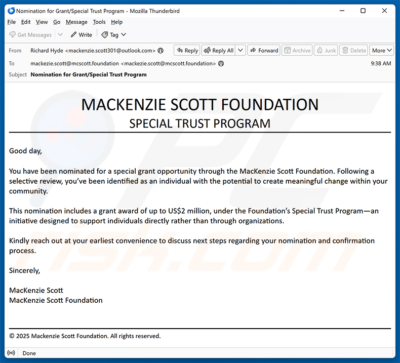 E-Mail Betrug der Mackenzie Scott Foundation (14.11.2025)