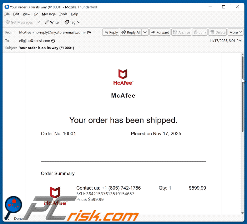 McAfee - Your Order Has Been Shipped Betrug email Aussehen (GIF)
