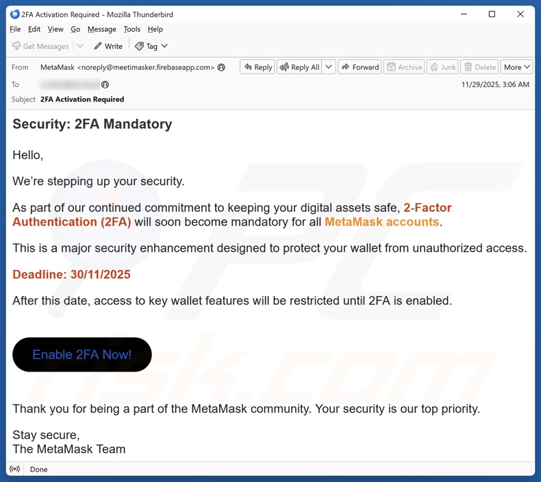 MetaMask 2FA Activation E-Mail Spam Kampagne