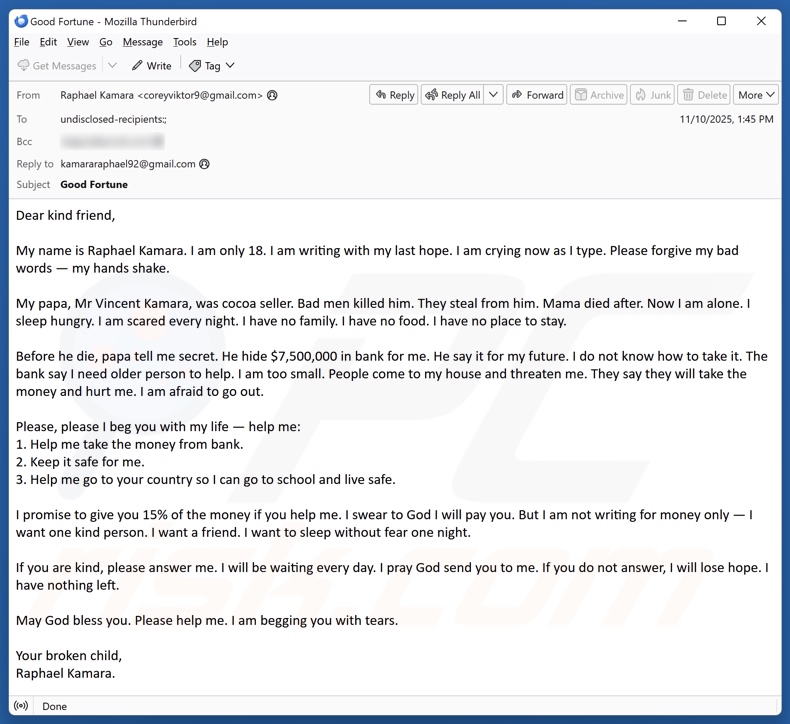 Older Person To Retrieve Money From The Bank email spam kampagne