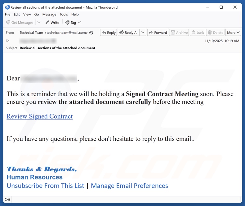Signed Contract Meeting email spam kampagne