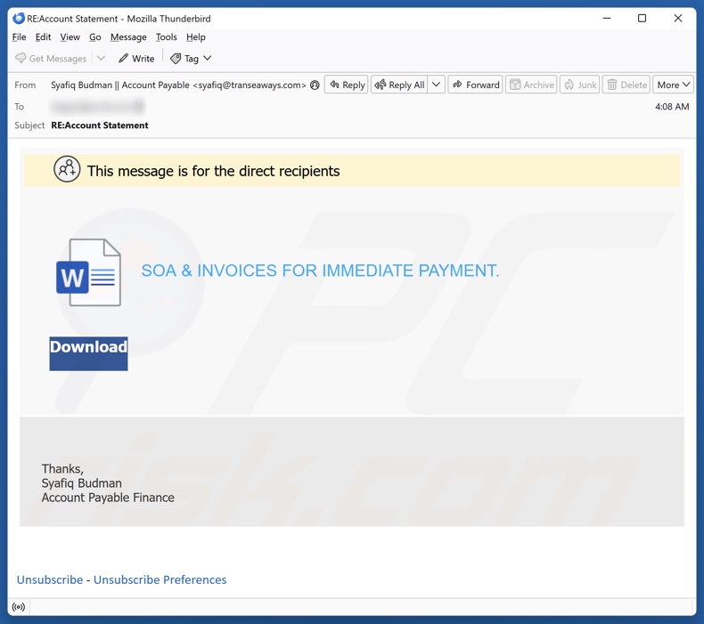 SOA & Invoices email spam Kampagne