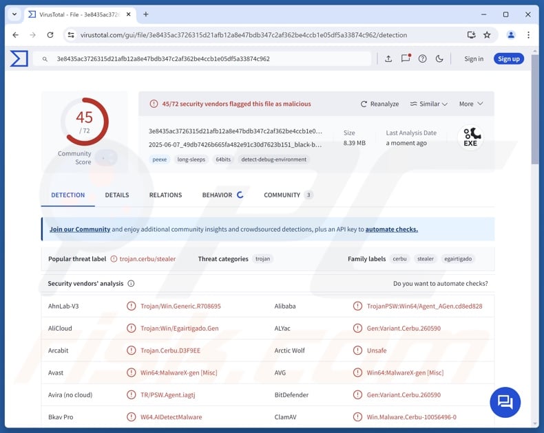 STD malware Erkennungen auf VirusTotal