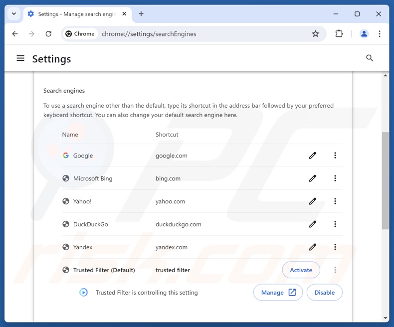 Entfernen von trustedfiltersearch.com als Standardsuchmaschine in Google Chrome