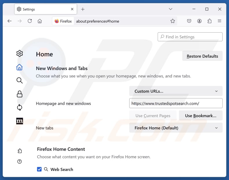 Entfernen von trustedspotsearch.com aus der Startseite von Mozilla Firefox