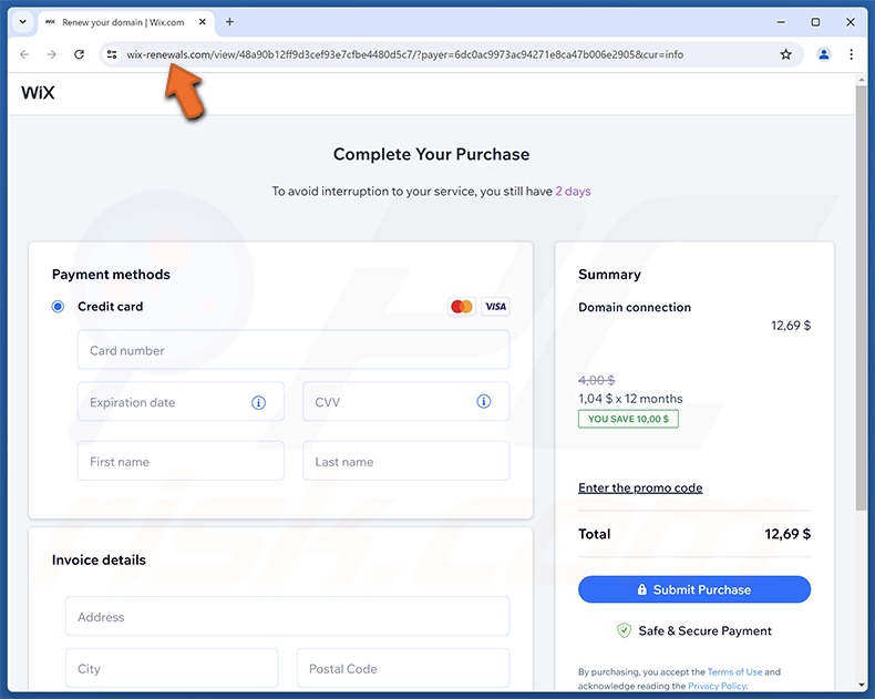 Wix Subscription Expiration Betrug email gefördert phishing Standort