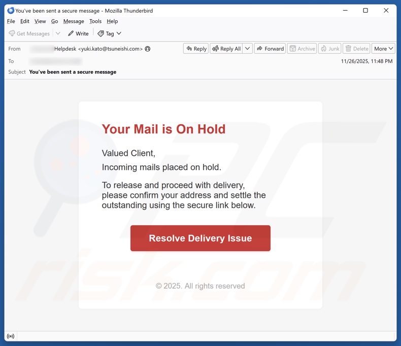 Your Mail Is On Hold email spam Kampagne