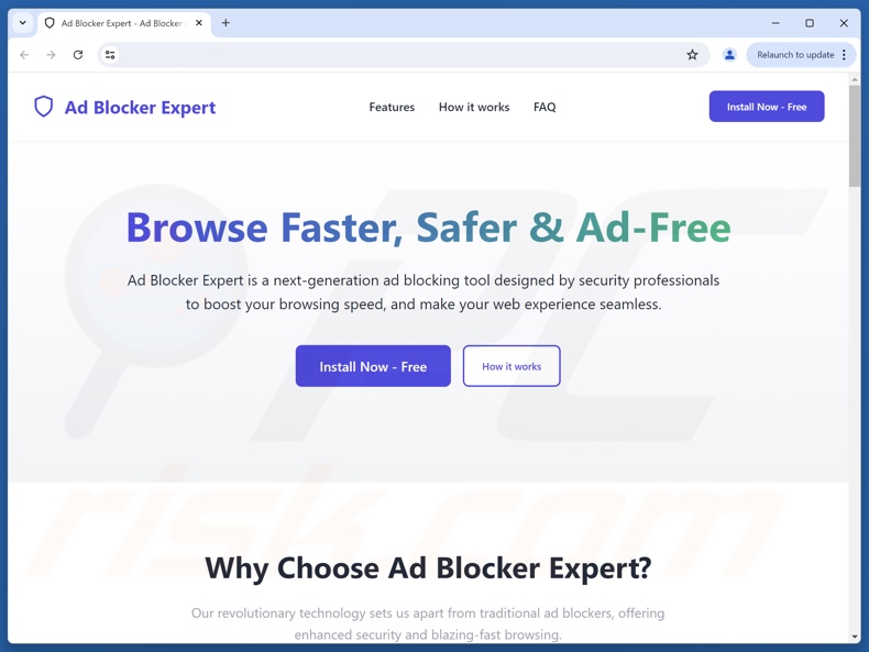 Website zur Bewerbung der Adware AdBlocker Expert
