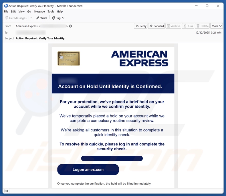 American Express - Account On Hold E-Mail Spam Kampagne
