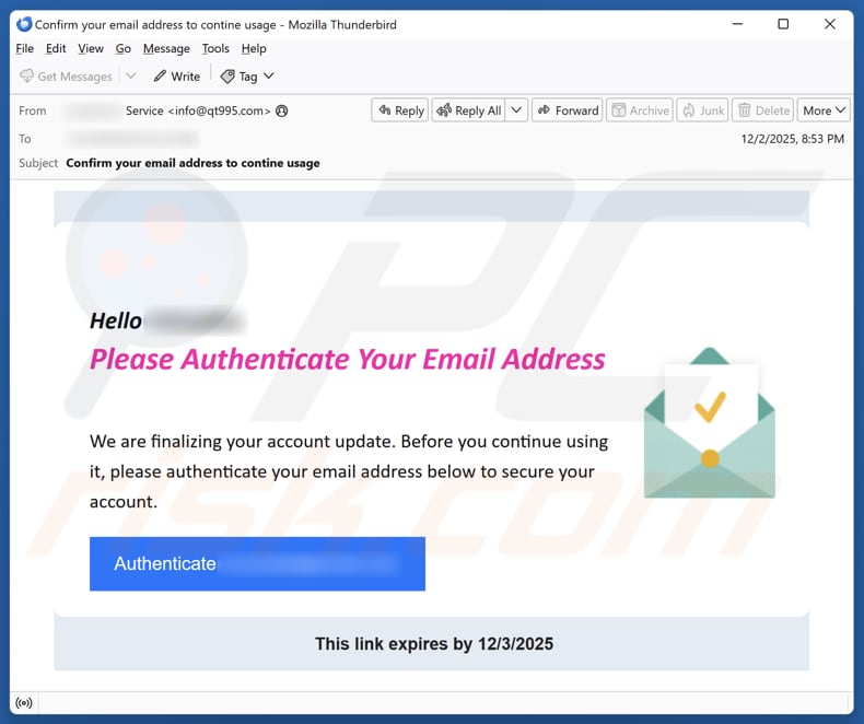 Authenticate Your Email Address email spam Kampagne