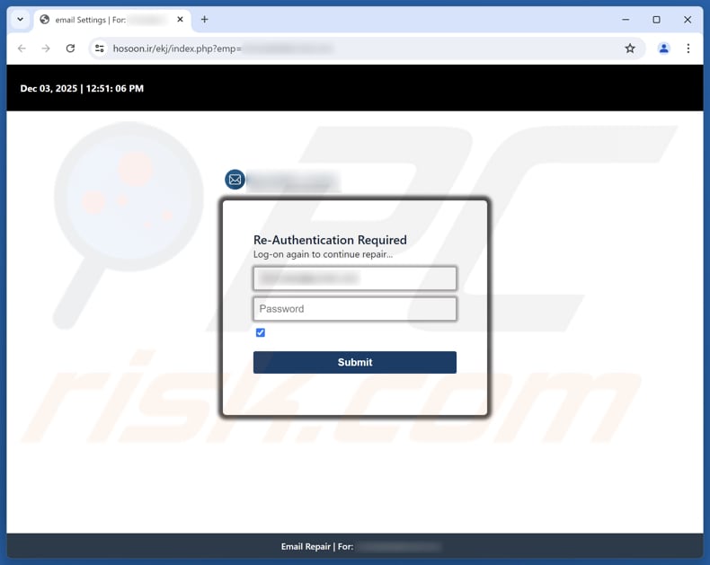 Authenticate Your Email Address Betrug Phishing Seite