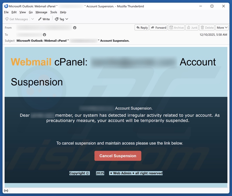 cPanel Account Suspension email spam Kampagne