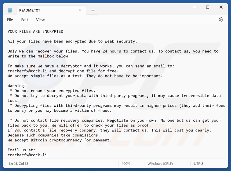 Cracker (Beast) ransomware Lösegeldforderung (README.TXT)