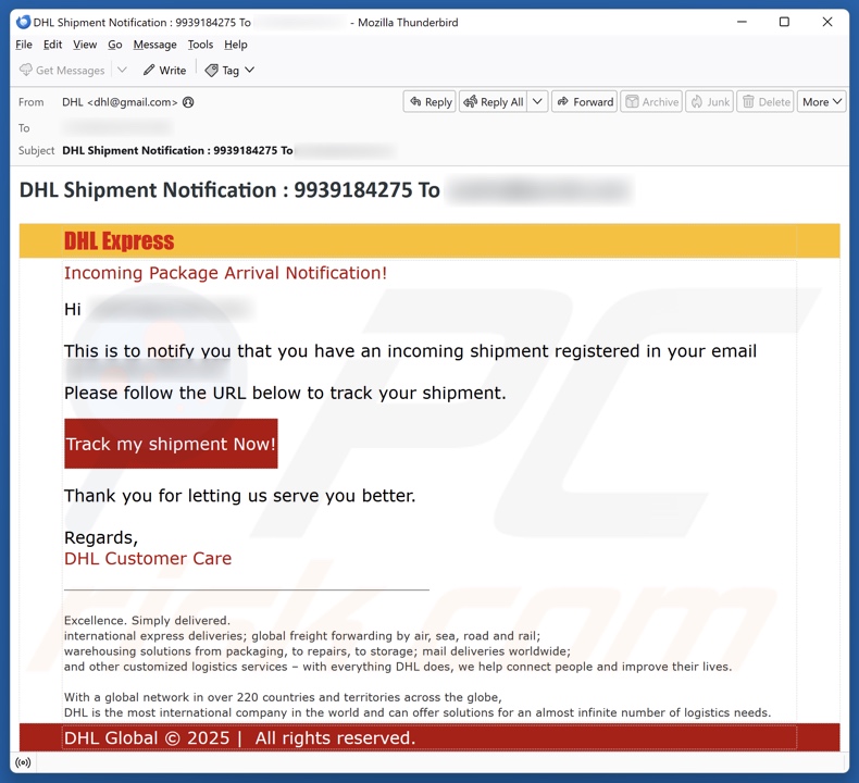 DHL Express - Incoming Package Arrival Notification email spam Kampagne