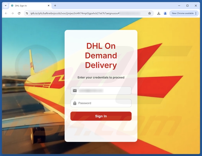 DHL Express - Incoming Package Arrival Notification Betrug email beworbene Phishing Website