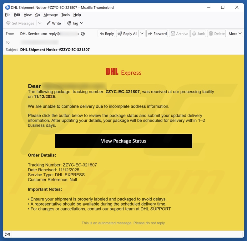 DHL Express - Incomplete Address Information E-Mail Spam Kampagne