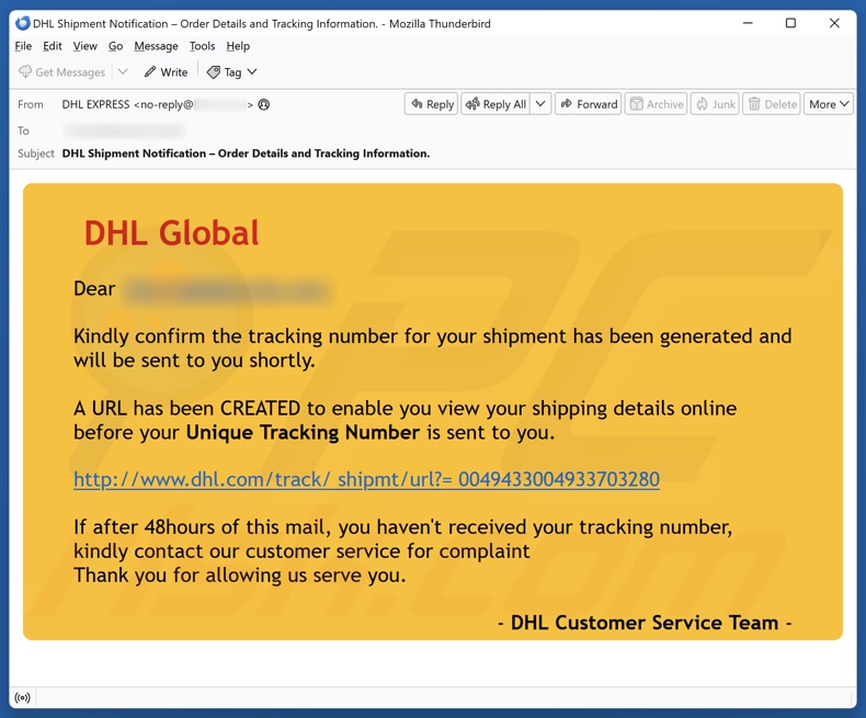 DHL Global - Shipment Tracking Number E-Mail Spam Kampagne