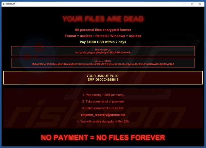 Emperor ransomware Lösegeldforderung (pop-up)