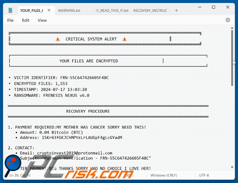Frenesis Nexus Ransomware Lösegeldforderung (YOUR_FILES_ARE_ENCRYPTED.txt)
