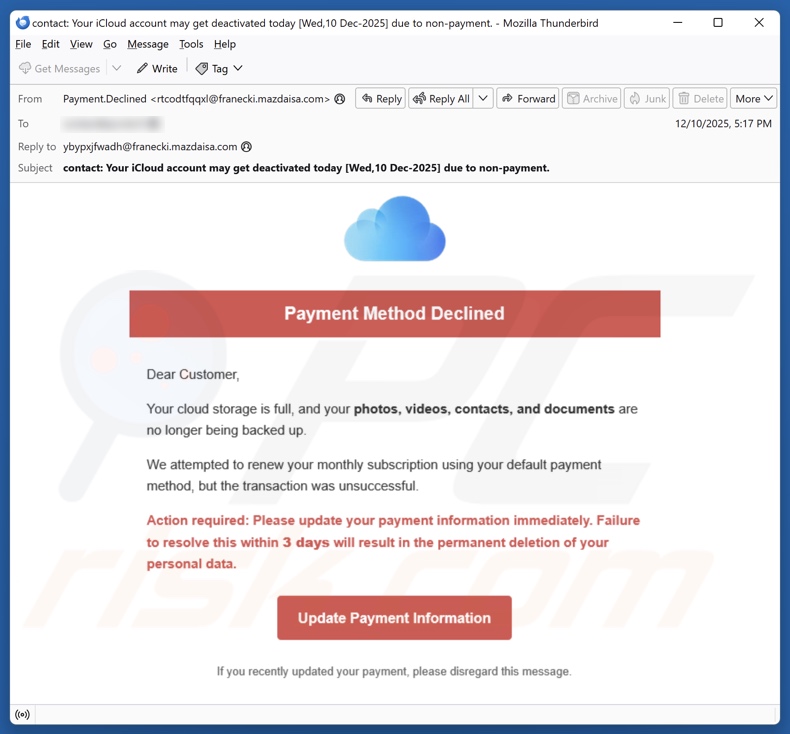 iCloud Payment Method Declined E-Mail Spam Kampagne