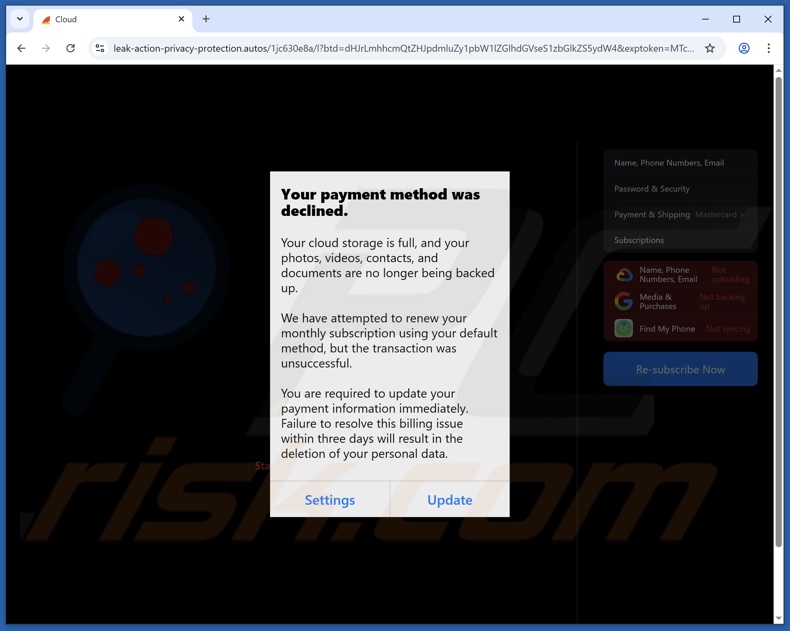 iCloud Payment Method Declined Betrugs E-Mail bewarb Phishing website