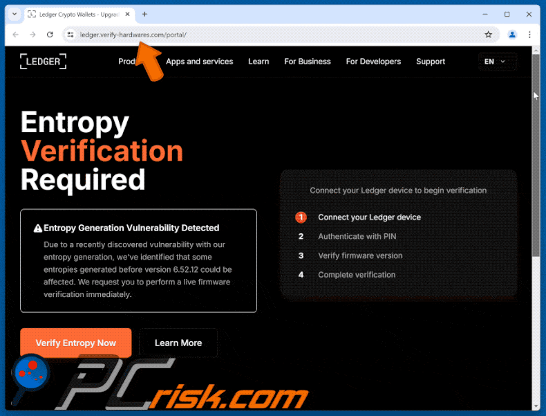 Ledger - Critical Security Vulnerability E-Mail Betrug gefälschte Website-Darstellung