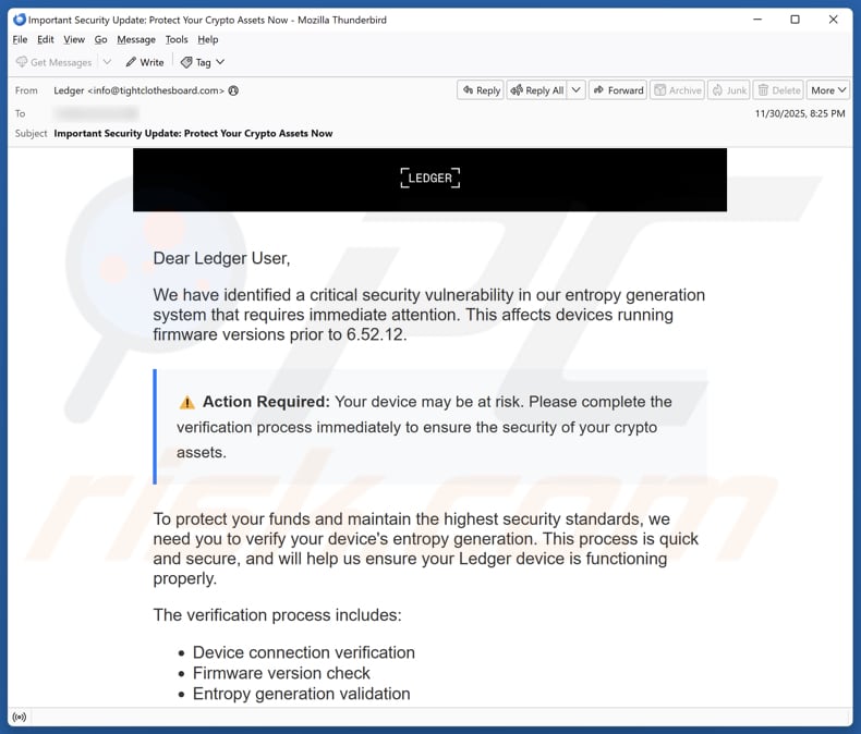 Ledger - Critical Security Vulnerability E-Mail Spam Kampagne