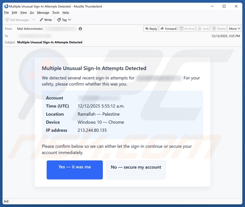Multiple Unusual Sign-In Attempts Detected email spam Kampagne