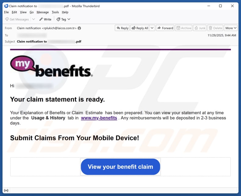 My Benefits - Your Claim Statement Is Ready email spam Kampagne