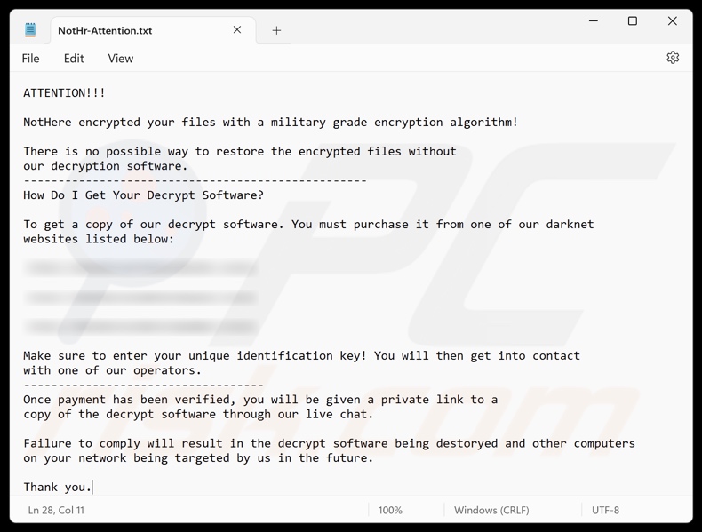 NotHere ransomware Lösegeldforderung (NotHr-Attention.txt)
