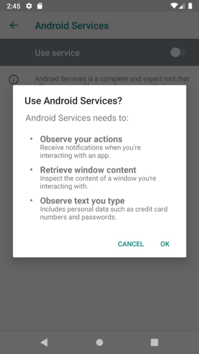 ResidentBat Spyware fordert Berechtigungen an
