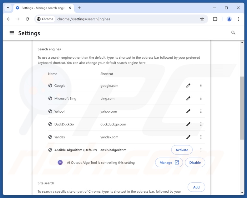 Entfernen von search.ansiblealgorithm.com als Standardsuchmaschine in Google Chrome