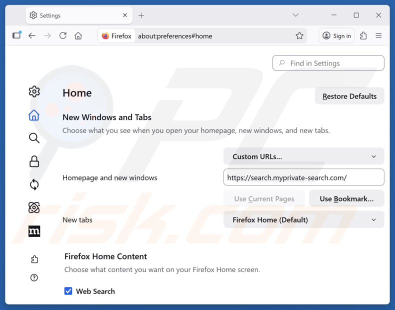 Entfernen von search.myprivate-search.com aus der Startseite von Mozilla Firefox