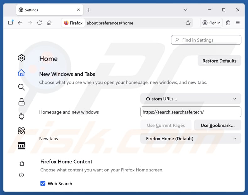 Entfernung von search.searchsafe.tech aus der Mozilla Firefox-Startseite