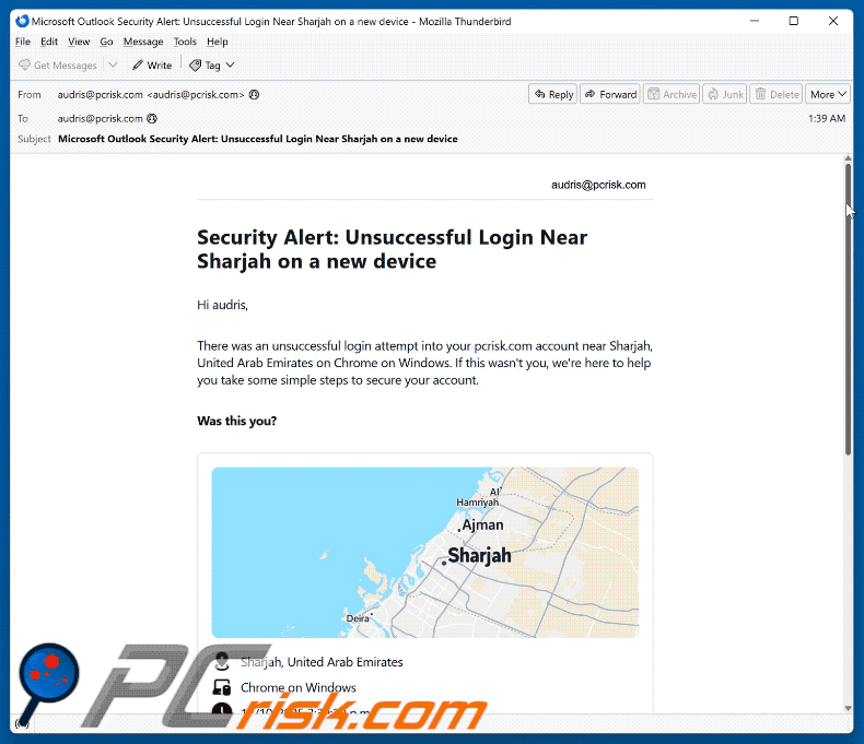 Security Alert: Unsuccessful Login On A New Device Aussehen einer Betrugs E-Mail (GIF)