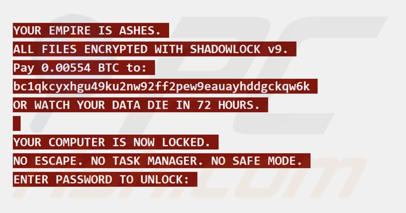 ShadowLock ransomware Vollbild Lösegeldforderung