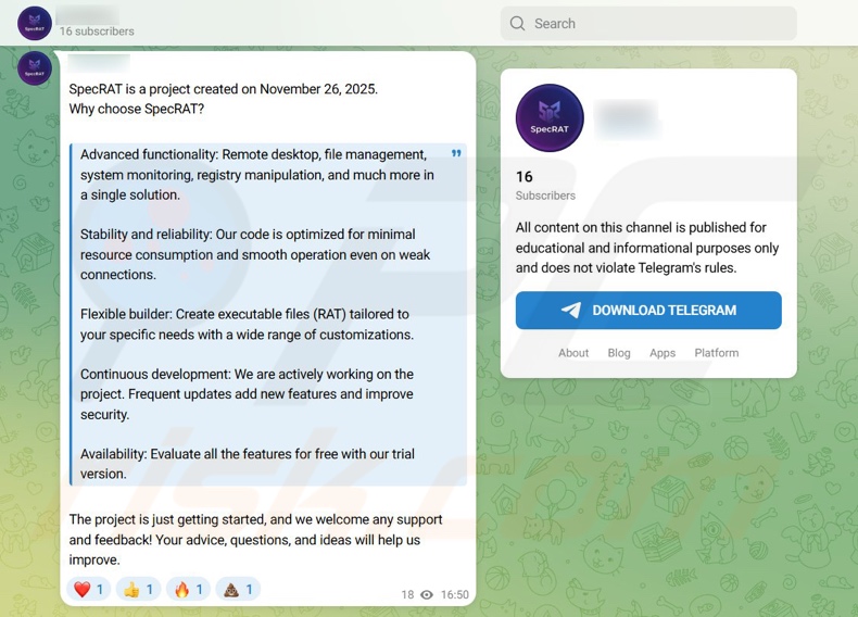 Telegram Kanal, der für die Malware SpecRAT wirbt