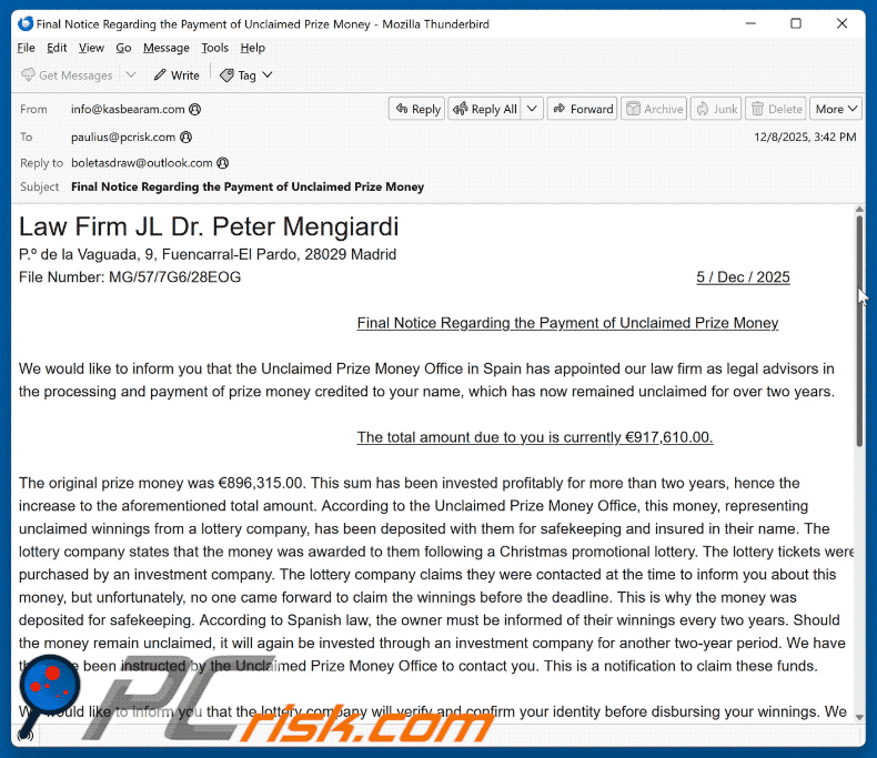 Unclaimed Prize Money Aussehen einer Betrugs E-Mail (GIF)