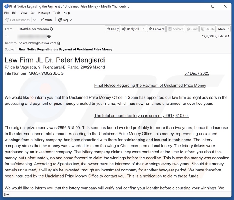 Unclaimed Prize Money E-Mail Spam Kampagne