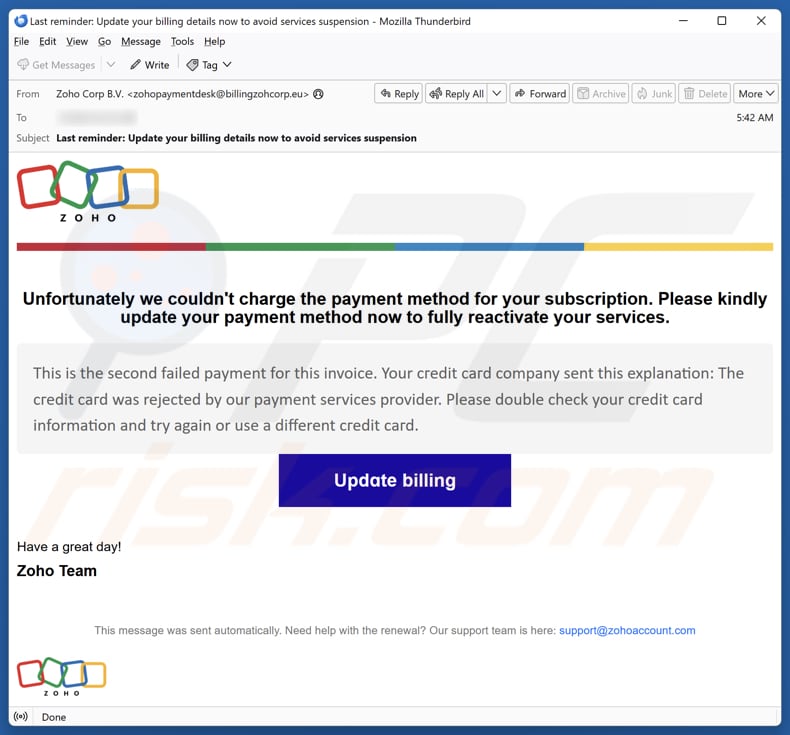 Zoho - Update Your Payment Method E-Mail spam Kampagne