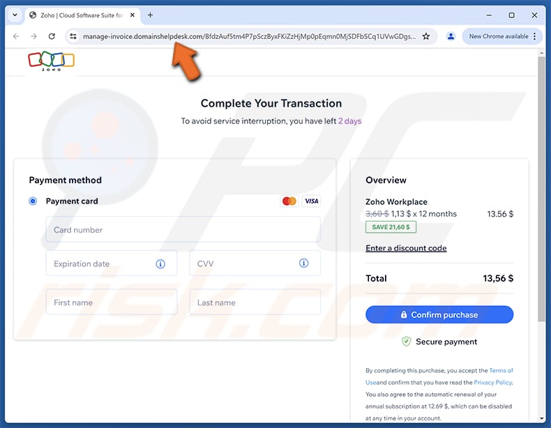 Zoho - Update Your Payment Method Email Betrug Phishing Website