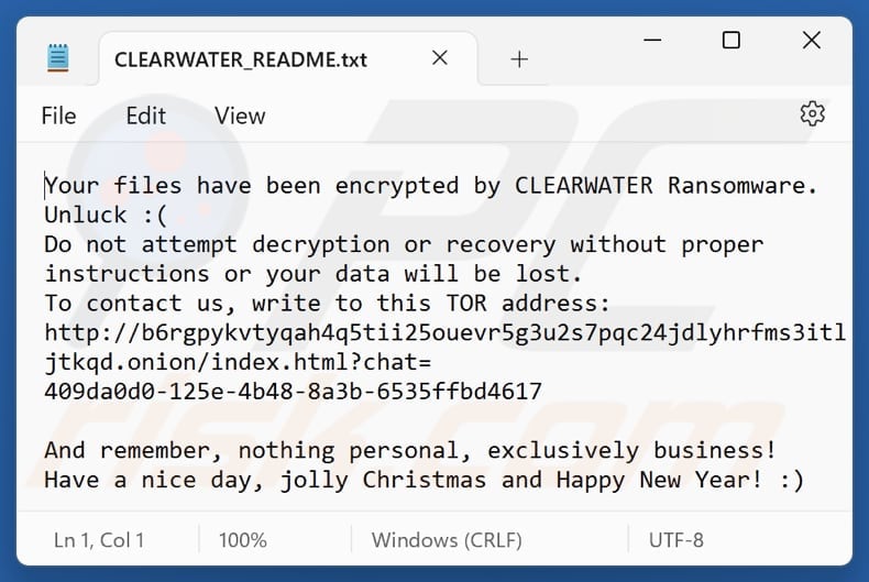 ClearWater Ransomware Textdatei (CLEARWATER_README.txt)