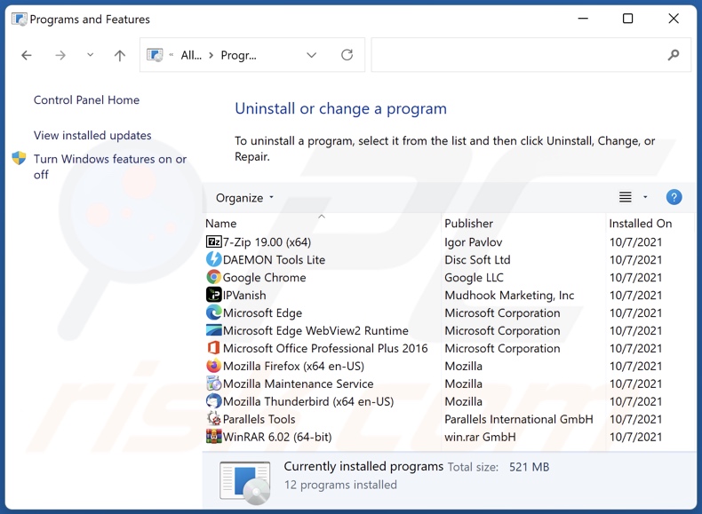 Deinstallation einer Browser-Hijacking-Anwendung über die Systemsteuerung