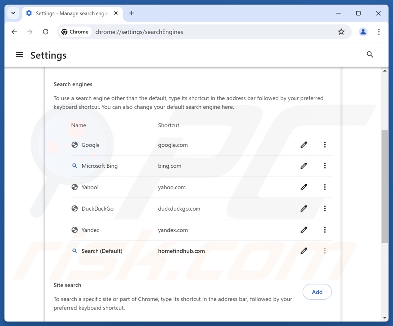 Entfernen von homefindhub.com als Standardsuchmaschine in Google Chrome